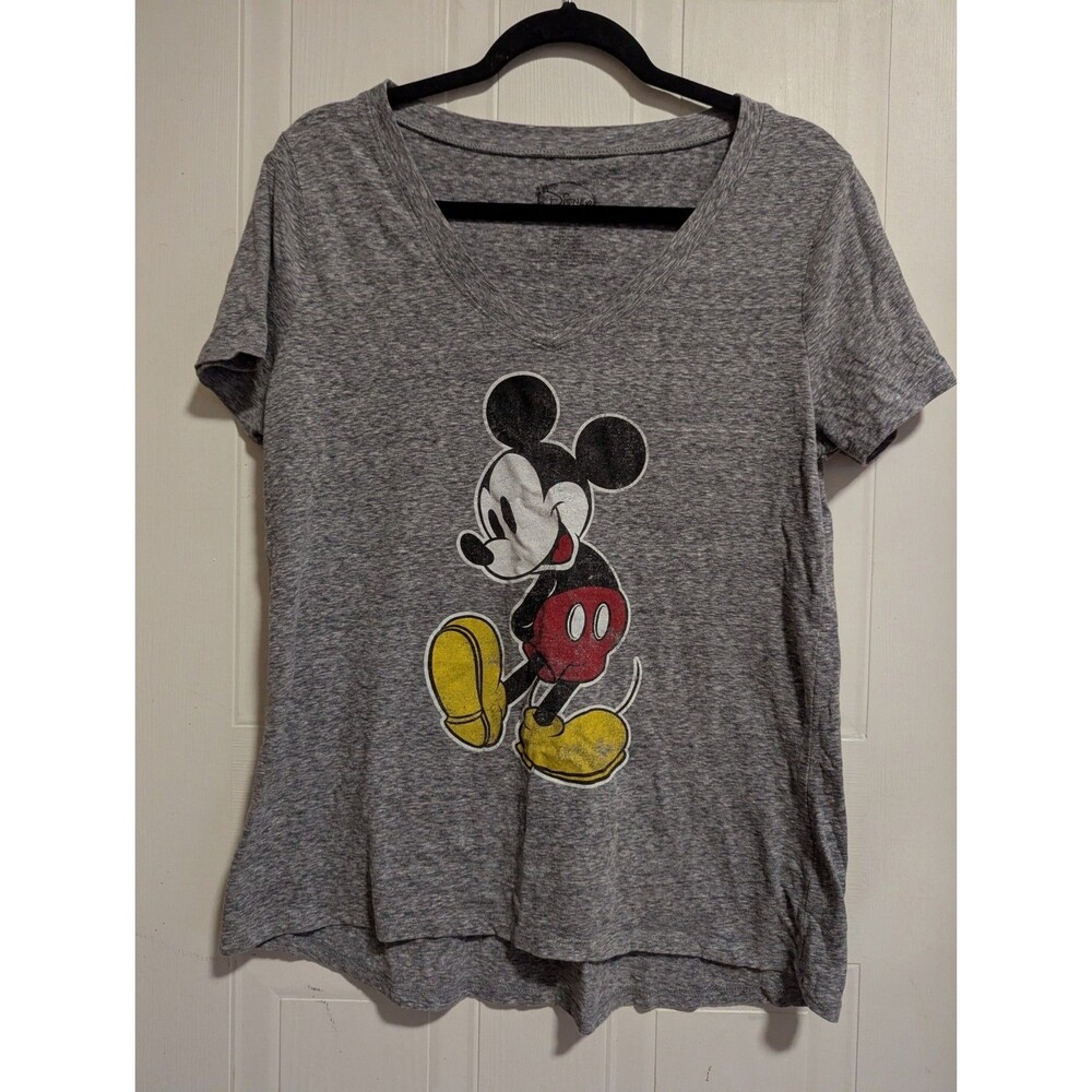 Disney Mickey Mouse Graphic Distressed T-Shirt Gray Short Sleeve Women's Size XL